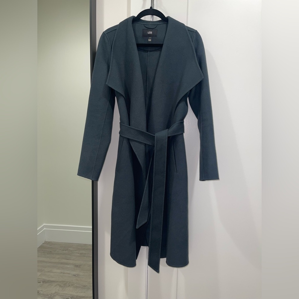 Elegant 100% Wool Long Trench Coat Draped Collar long Size L Dark Grey